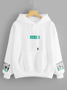 Letter Patched Pocket Front Hooded Sweatshirt