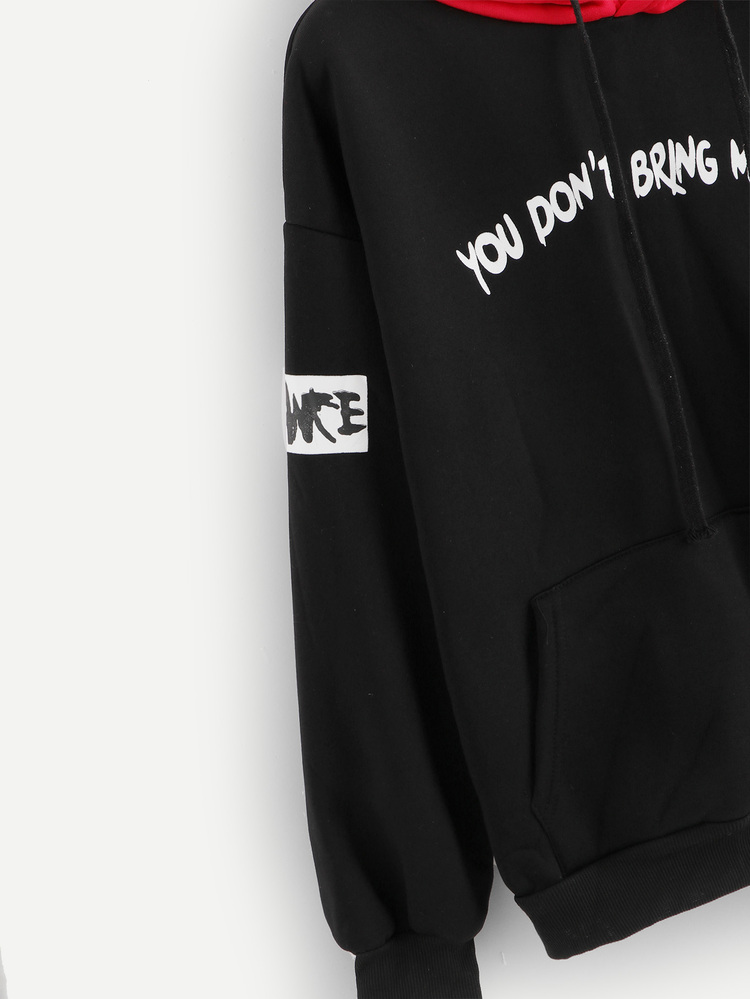 Slogan Graphic Hooded Sweatshirt - Black - View 3