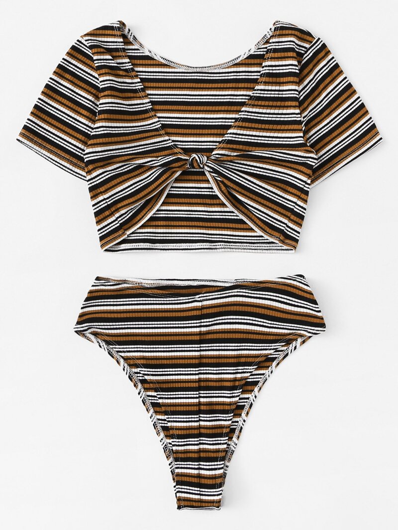 

Knot Front Striped Two Piece Swimwear, Coffee