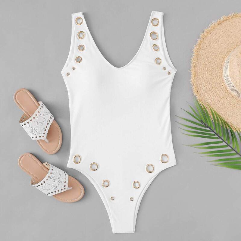 

Low Back Eyelet Swimsuit, White