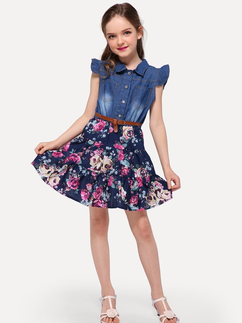 

Girls Floral Print Self Tie Dress, Multicolor