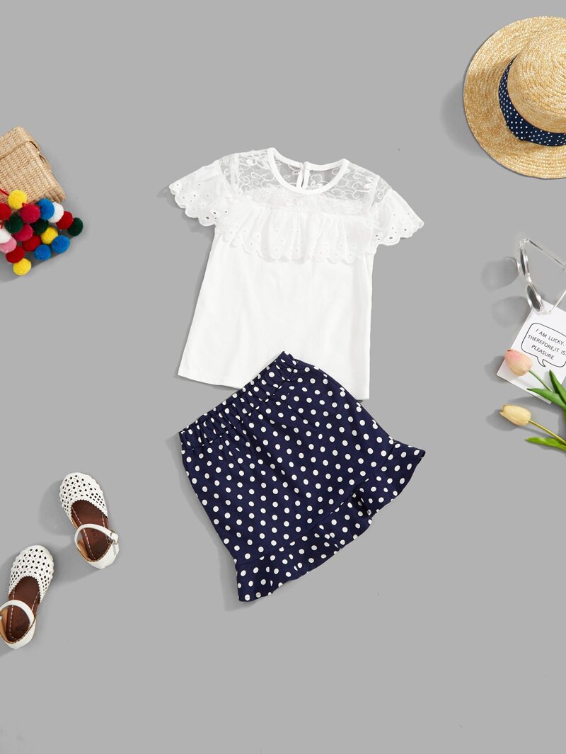 

Girls Eyelet Embroidered Top With Polka Dot Skirt, Multicolor