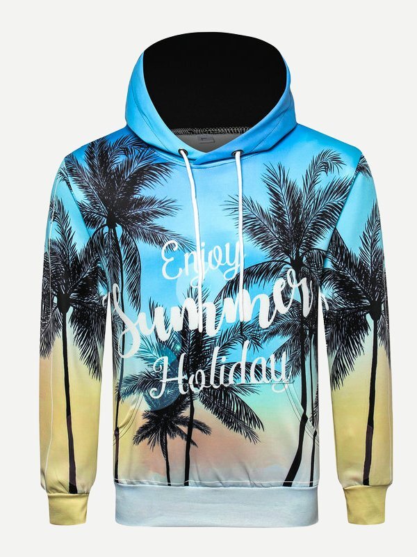 

Men Letter And Tropical Print Hooded Sweatshirt, Multicolor