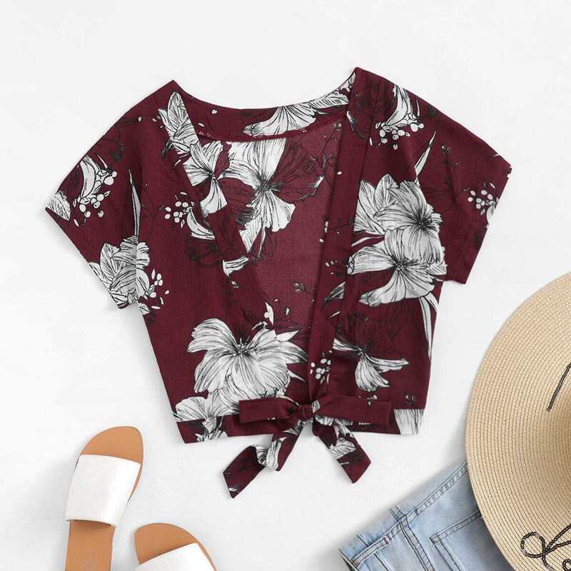 

Knot Hem Floral Print Crop Blouse, Burgundy