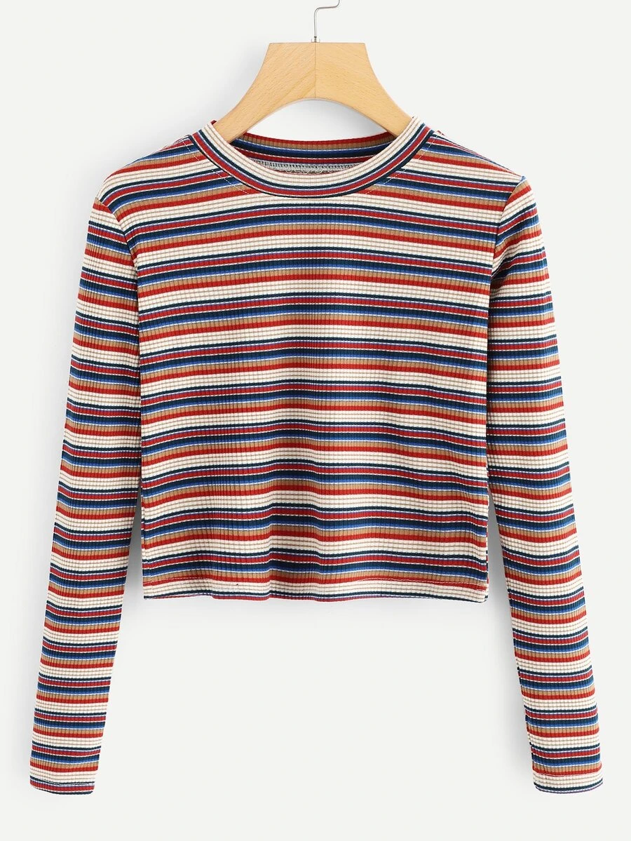 Striped Rib Knit Crop Tee - Multicolor - View 1