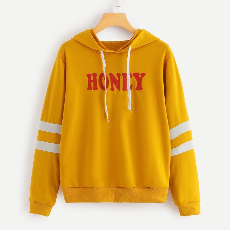 

Letter Print Striped Hoodie, Yellow