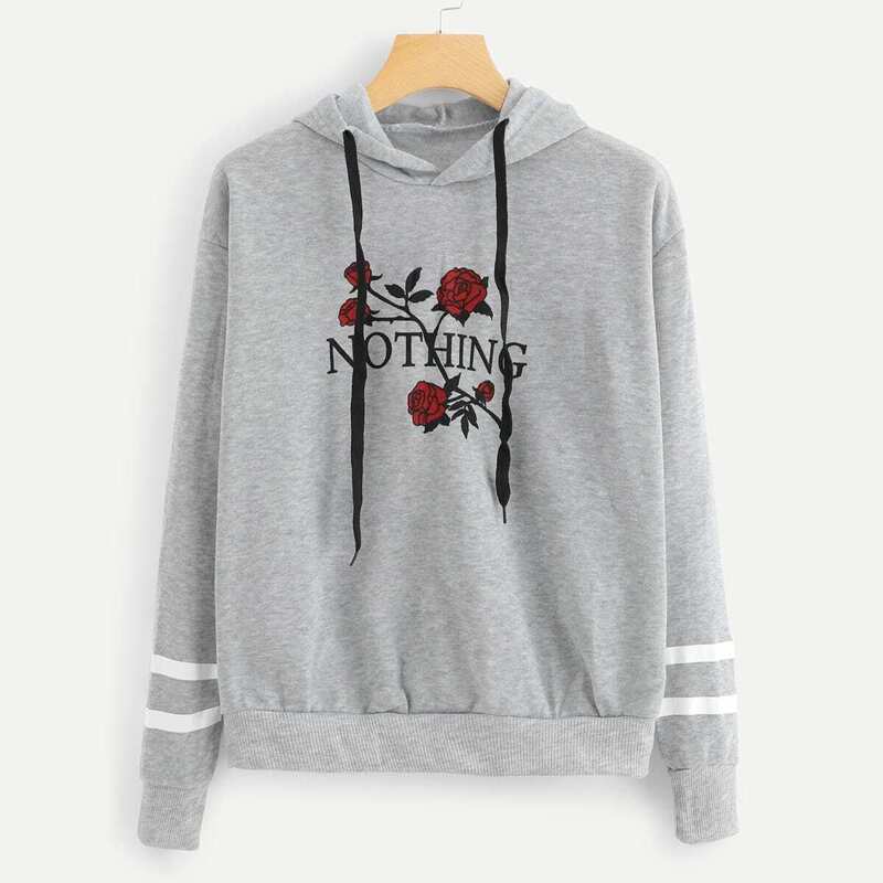 

Floral Print Striped Hoodie, Grey