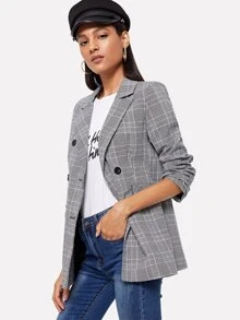 Double-breasted Plaid Blazer - Black and White - View 3