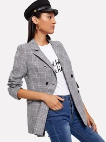 Double-breasted Plaid Blazer - Black and White - View 4