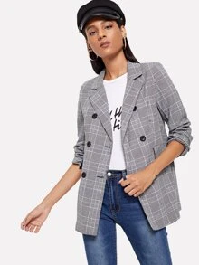 Double-breasted Plaid Blazer - Black and White - View 1