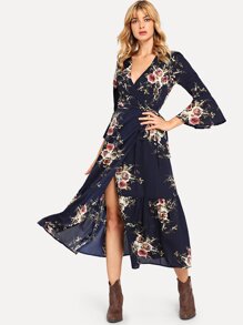 Floral Print Flounce Sleeve Knot Waist Dress