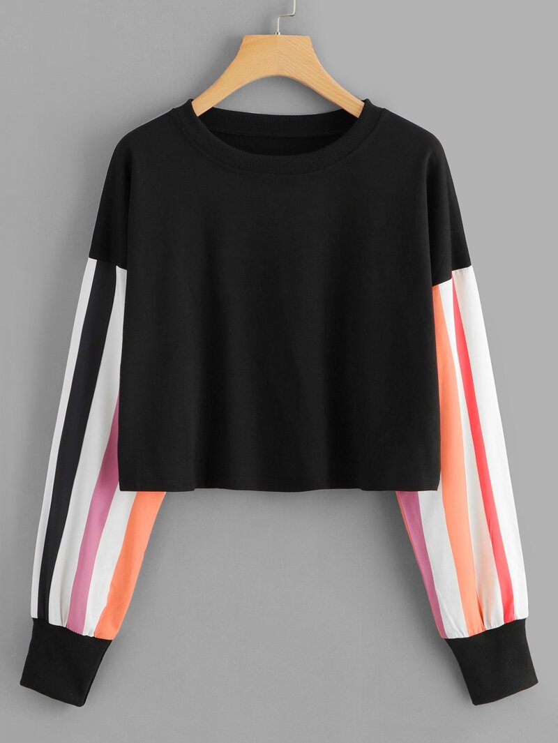 

Contrast Striped Sleeve Sweatshirt, Black