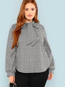Plus Bow Tie Neck Curved Hem Plaid Blouse