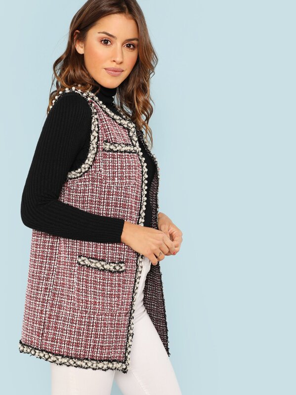 Open Front Tweed Vest Coat Shein