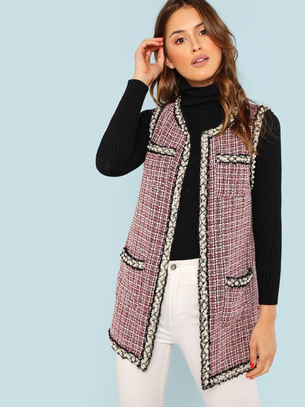 Open Front Tweed Vest Coat Shein