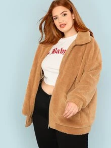 SHEIN Plus Zip Up Fleece Teddy Coat - Camel - View 3