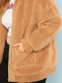 SHEIN Plus Zip Up Fleece Teddy Coat - Camel - View 4
