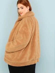 SHEIN Plus Zip Up Fleece Teddy Coat - Camel - View 2