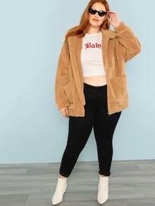 SHEIN Plus Zip Up Fleece Teddy Coat - Camel - View 5