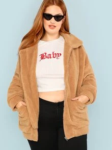 SHEIN Plus Zip Up Fleece Teddy Coat - Camel - View 1