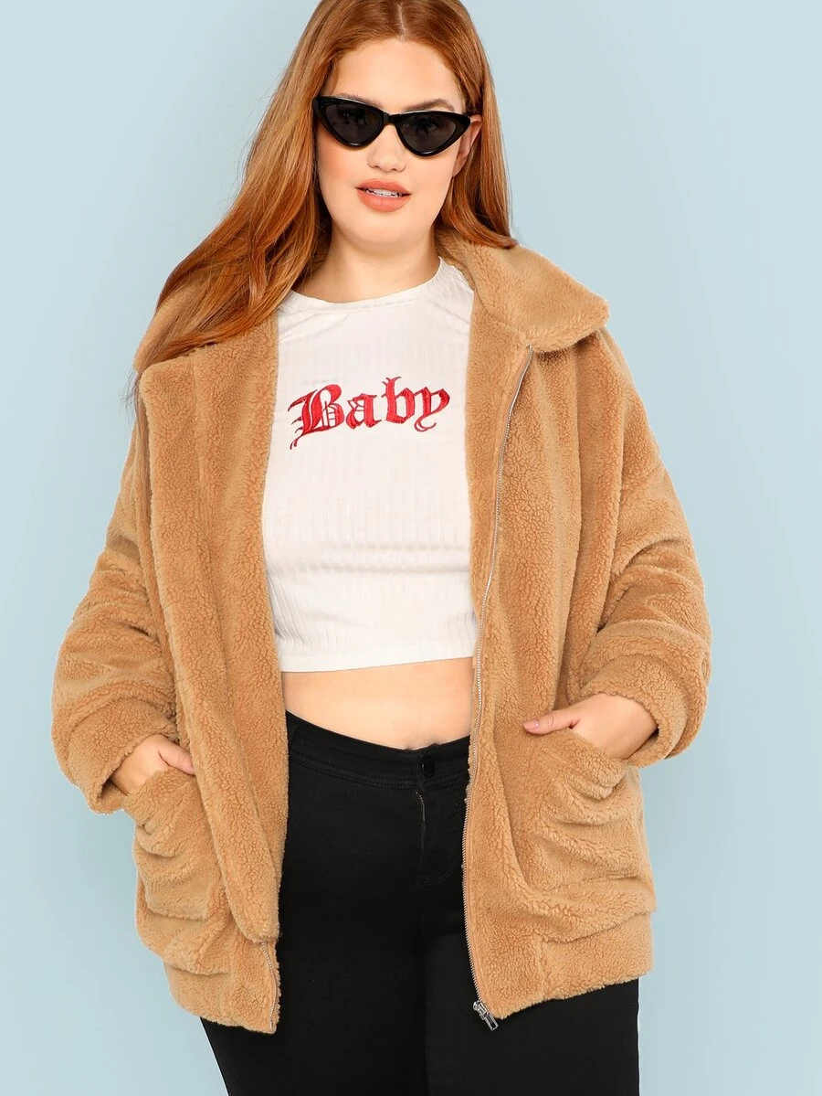 SHEIN Plus Zip Up Fleece Teddy Coat - Camel - View 1