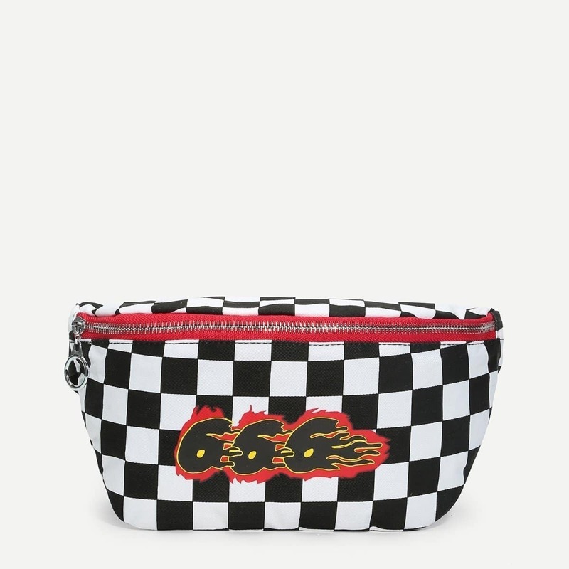 

Gingham Printed Fanny Pack, Black and white