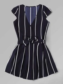 Vertical Striped Wrap Romper With Belt - Navy Blue - View 1