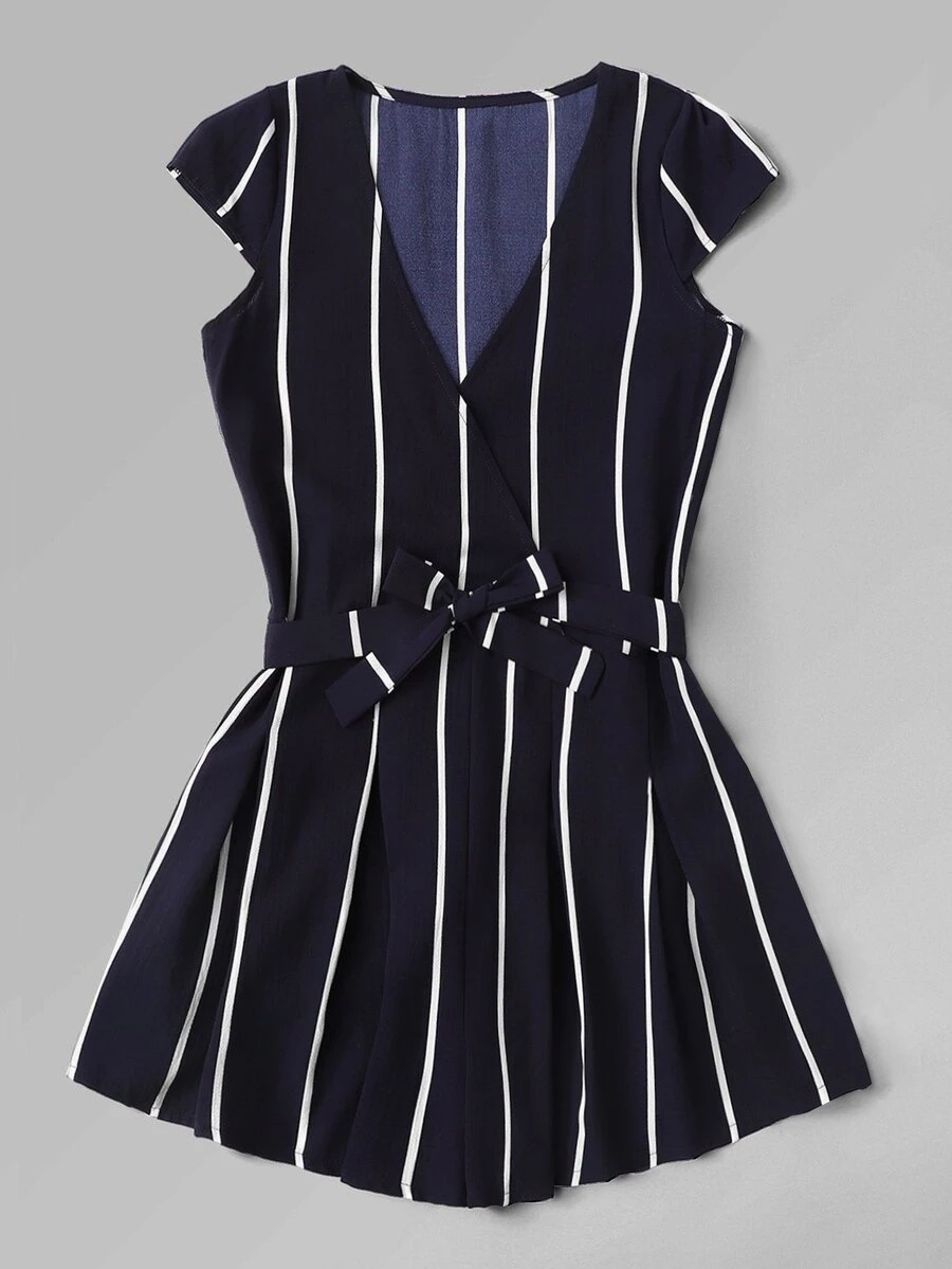 Vertical Striped Wrap Romper With Belt - Navy Blue - View 1