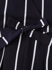 Vertical Striped Wrap Romper With Belt - Navy Blue - View 3