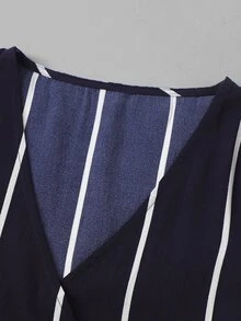 Vertical Striped Wrap Romper With Belt - Navy Blue - View 4