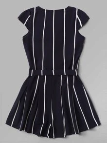 Vertical Striped Wrap Romper With Belt - Navy Blue - View 2