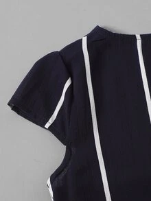 Vertical Striped Wrap Romper With Belt - Navy Blue - View 5