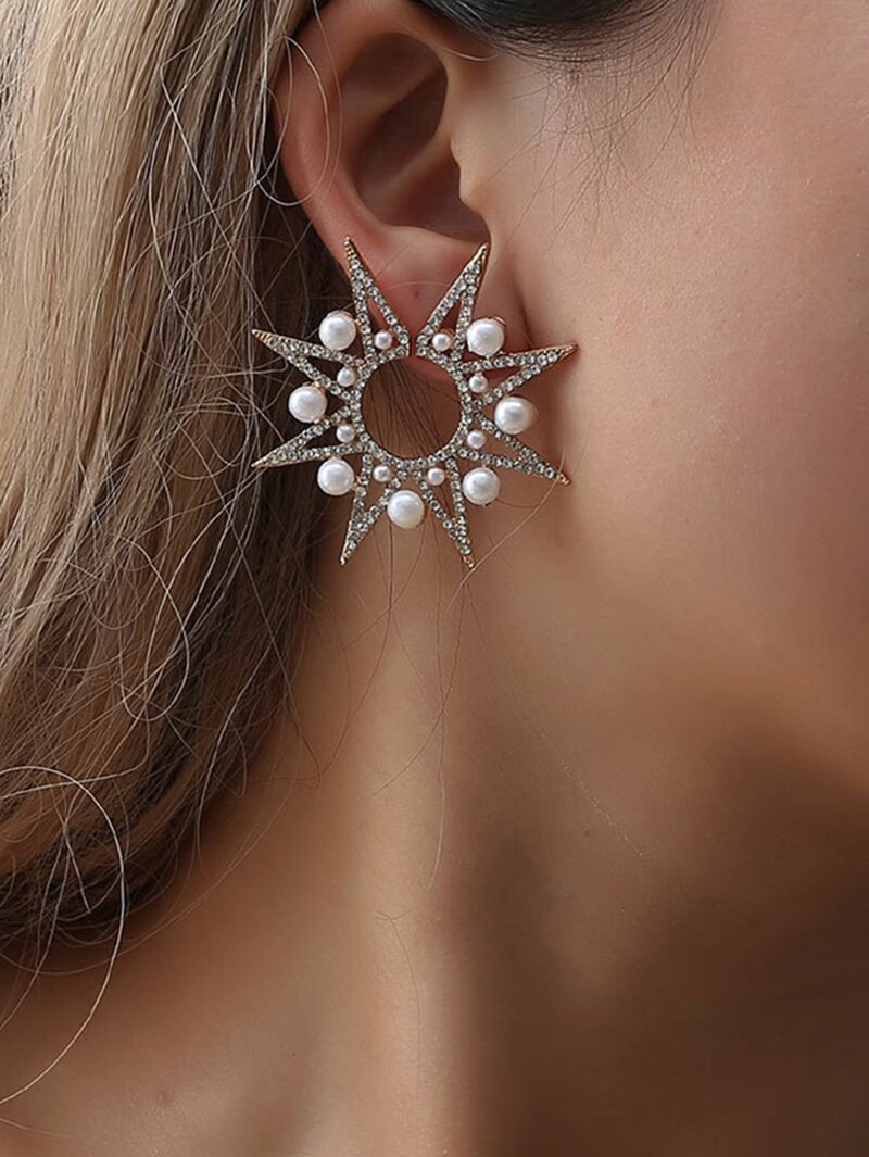 

Faux Pearl & Rhinestone Star Stud Earrings, Gold
