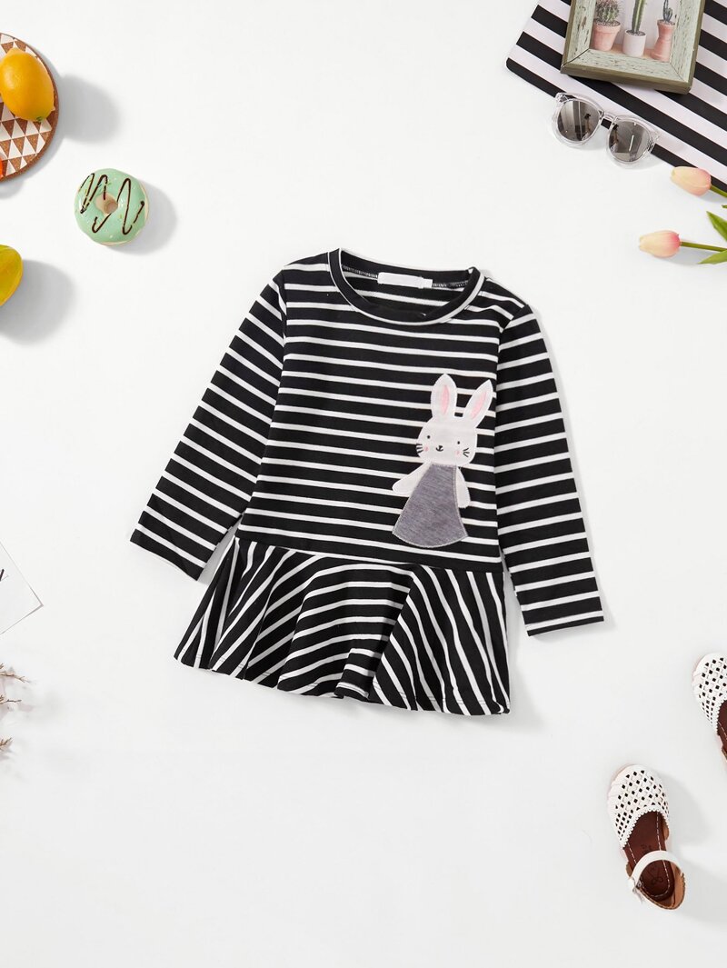 

Girls Rabbit Embroidery Striped Dress, Black and white