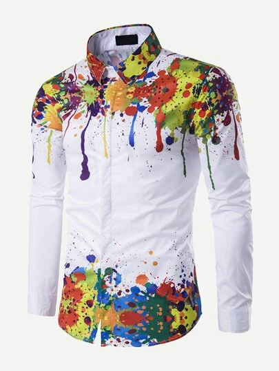 men paint drip print skinny shirt