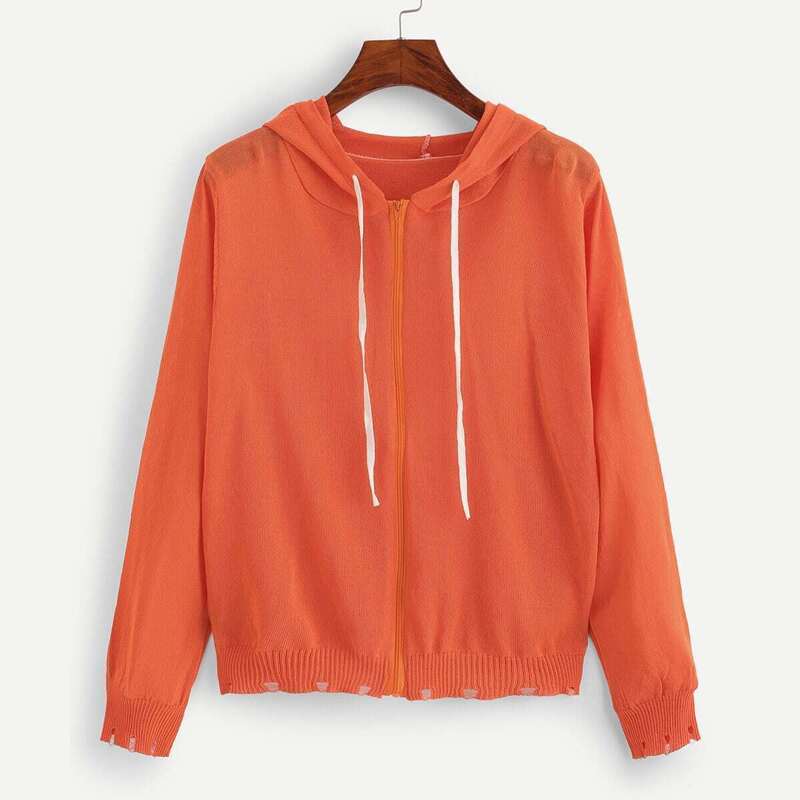 

Raw Hem Drawstring Zip Up Jacket, Orange