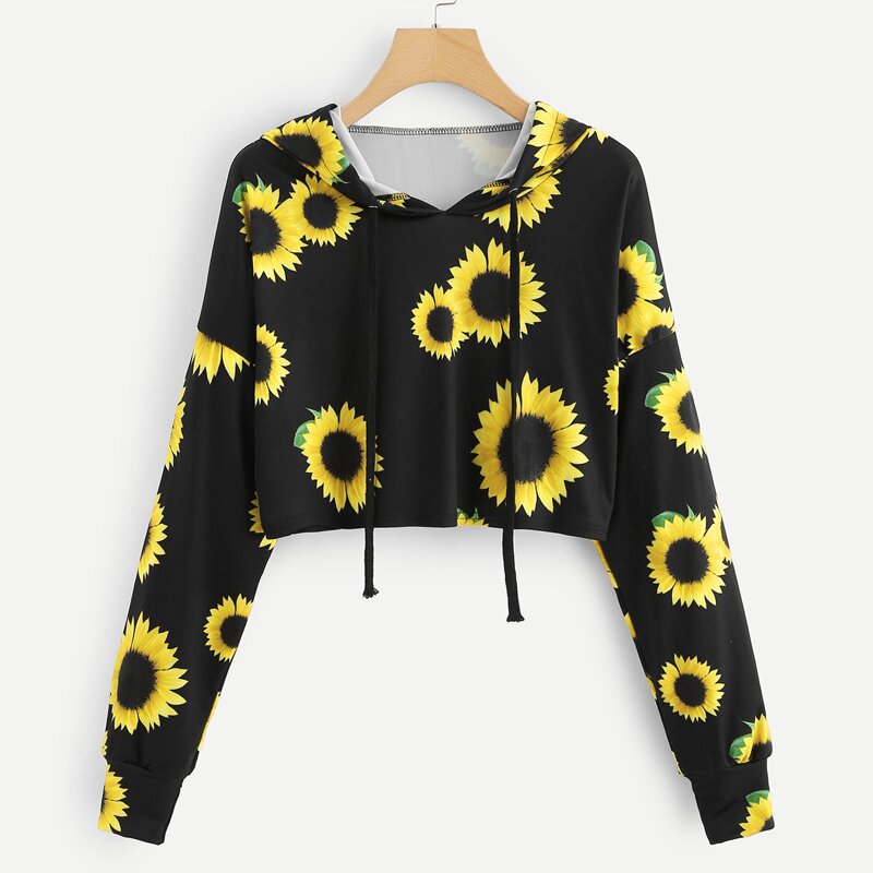

Sunflower Print Crop Hoodie, Multicolor