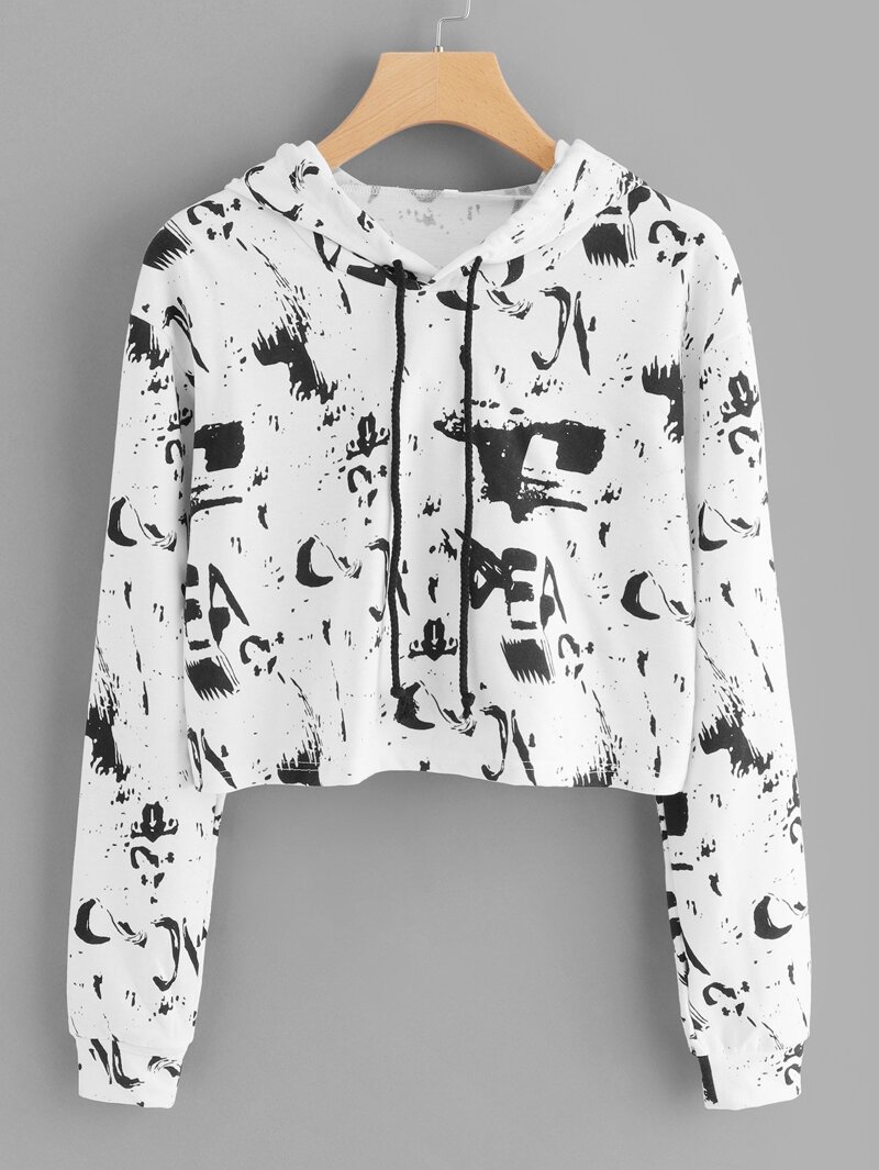 

Letter Print Crop Hoodie, White