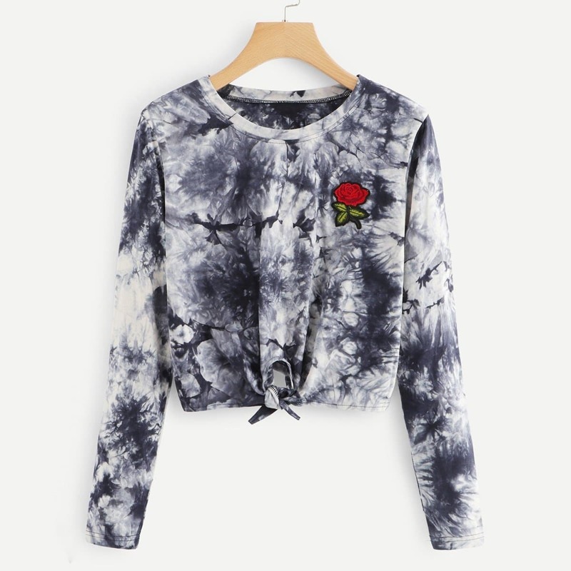 

Tie Dye Knot Hem Rose Embroidered Tee, Multicolor