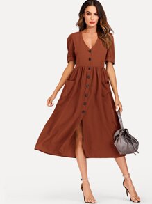 Single Breasted Roll Up Sleeve Dress