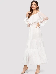 Vestido largo con hombros descubiertos y mangas de encaje - Blanco - Ver 4