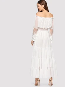 Vestido largo con hombros descubiertos y mangas de encaje - Blanco - Ver 2