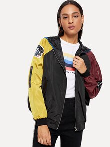 Letter Print Color Block Hooded Jacket