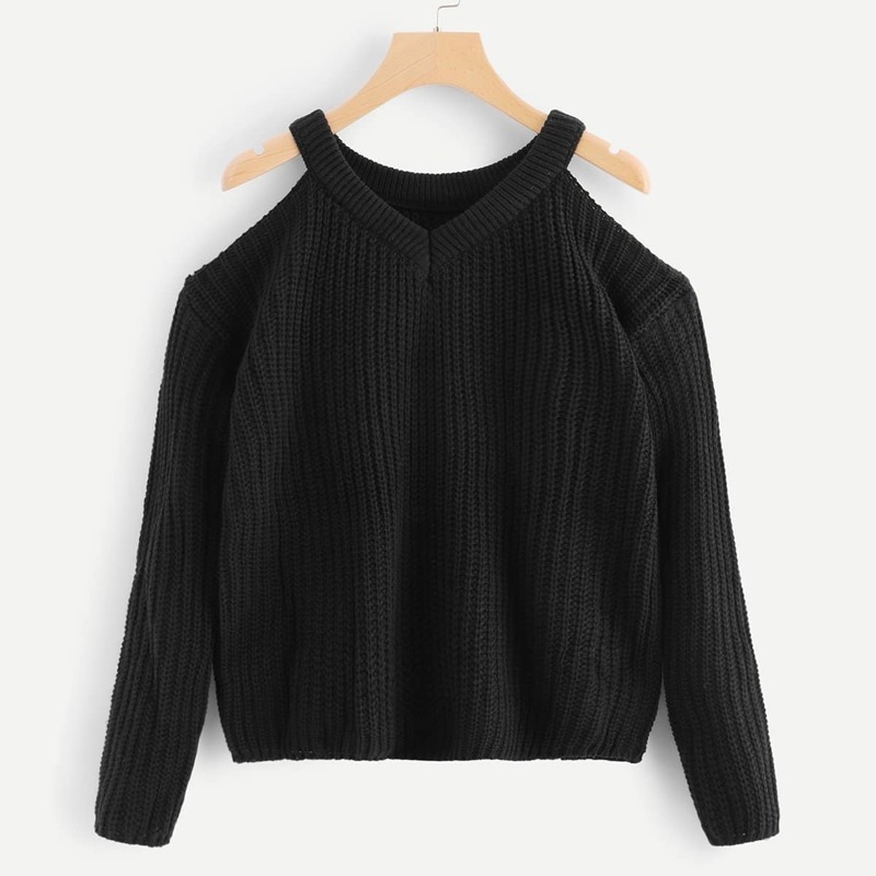 

Open-Shoulder Knit Sweater, Black