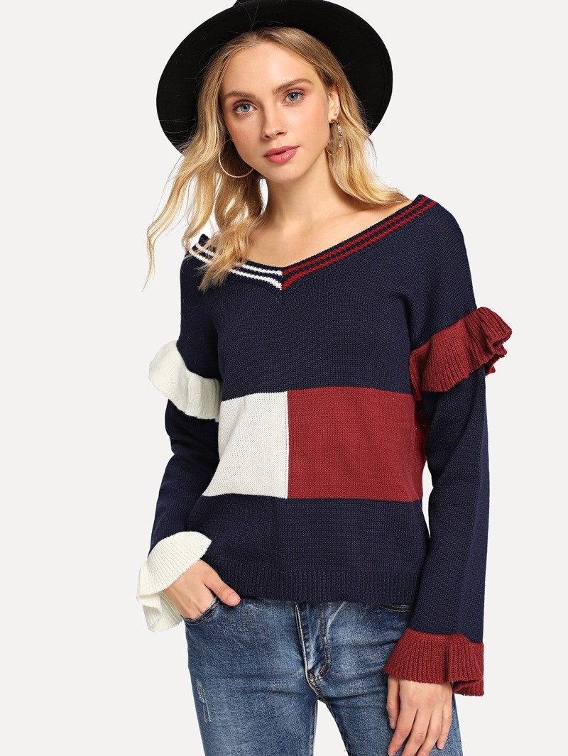 

Color Block Ruffle Detail Sweater, Multicolor, Nedab