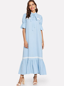 Tie Neck Lace Applique Ruffle Dress
