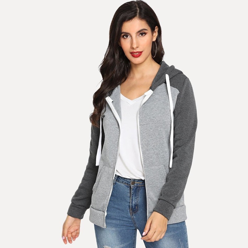 

Contrast Color Zip Up Hooded Jacket, Grey