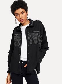 Raw Hem Tassel Detail Denim Jacket