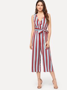 Vertical Striped Surplice Wrap Shell Jumpsuit