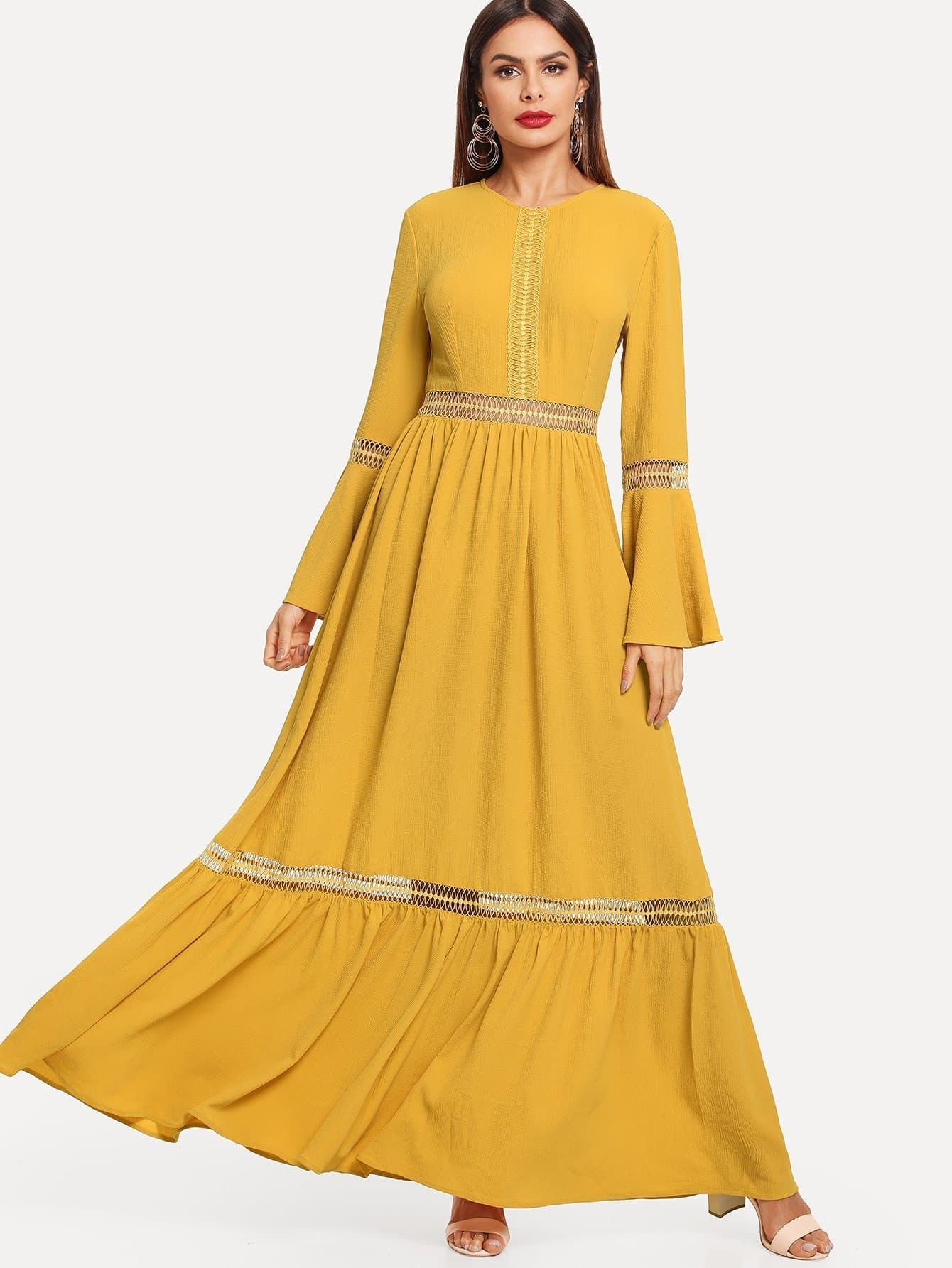 eyelet lace insert bell sleeve dress -shein(sheinside)